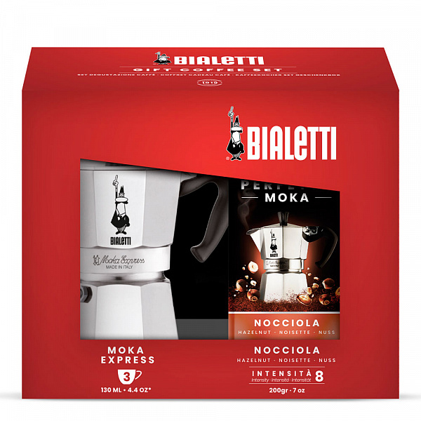 Набор Bialetti Moka Express 3 порции+ кофе молотый Hazelnut 200гр. фото в онлайн-магазине Kofe-Da.ru